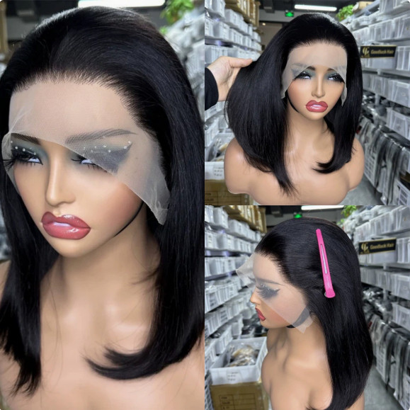 13×4 Lace Front Wig Long Black Straight Human Hair Blend Heat Ok Women Wigs 20In