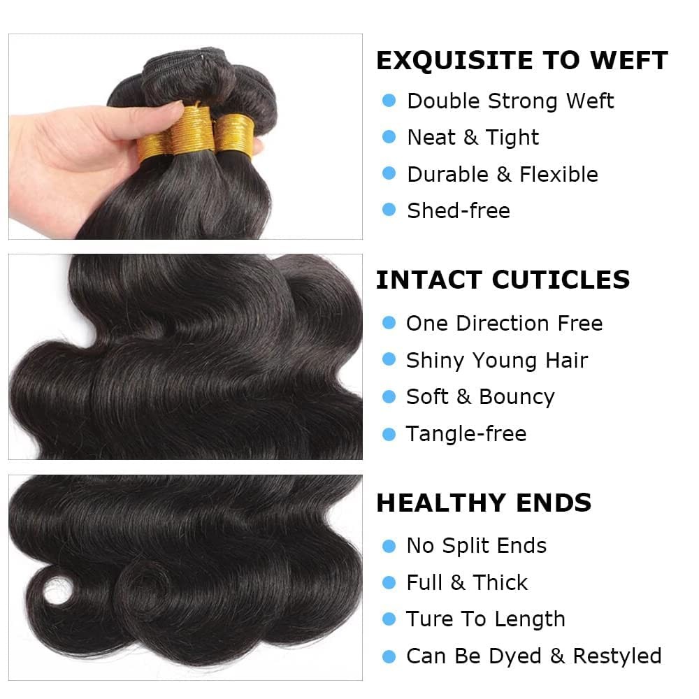 DDODLA Body Wave Hair Extensions 18 20 22 Inch 100% Brazilian Human Hair Black