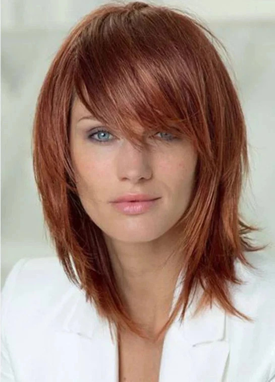 Real Human Hair New Fashion Beautiful Women Medium Red Brown Straight Wigs 12In
