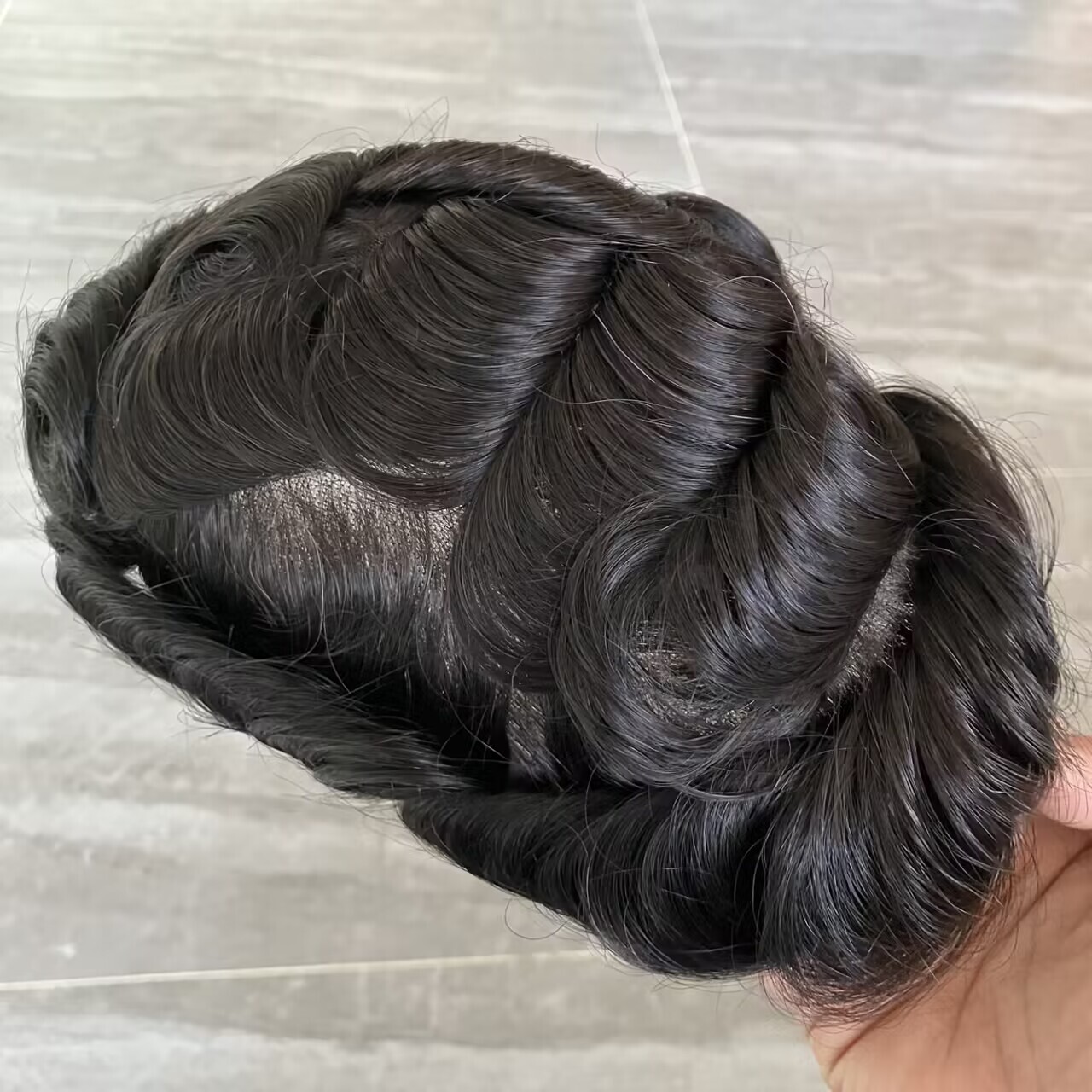 Full French Lace Mens Toupee Wavy Human Hair Replacement Systems Bleached Knots