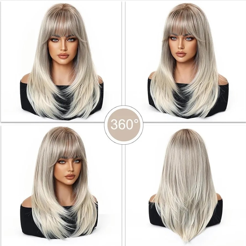 Ash Gray Blonde Wig Human Hair Blens Short Straight Bob Bangs Layers Natural