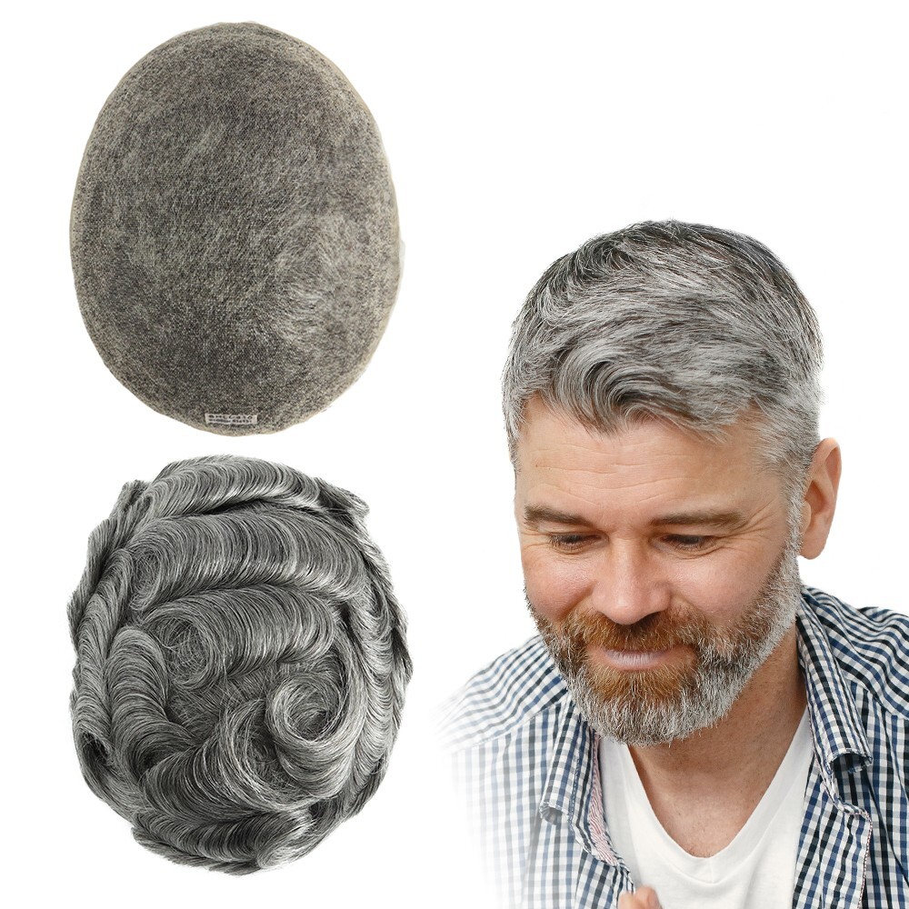 Mens Toupee French Lace Human Hair System Medium Density Grey Hair Pieces #1B65