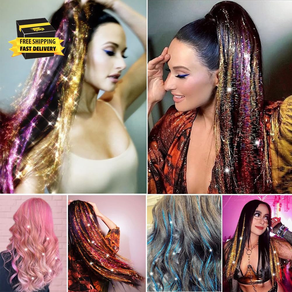 Hair Tinsel, (48 Inch 5Pcs 1200 Strands) Colorful Glitter Tinsel Hair Extensions