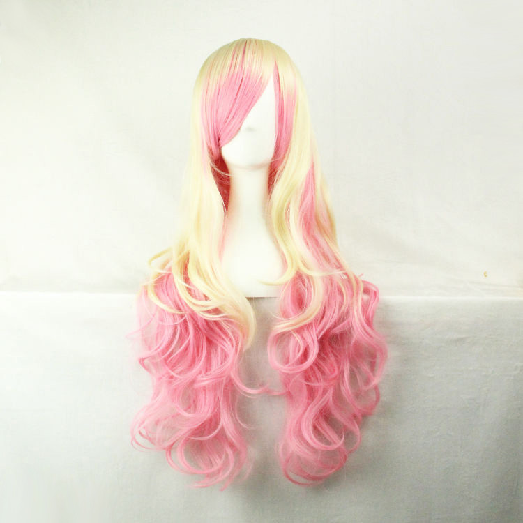 Multi-Color Blonde Mix Pink Long Wavy Curly Women Lady Cosplay Hair Wig Wigs+Cap