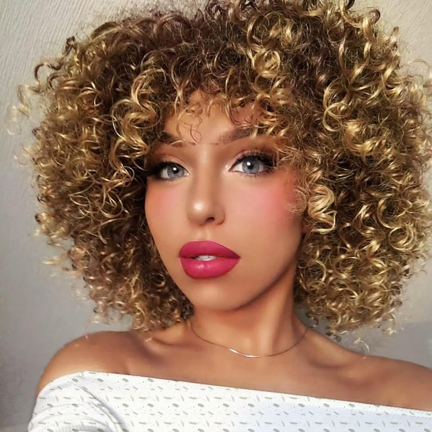 Afro Curly Wigs for Black Women Short Shoulder Length Kinky Wig with Bangs Brown