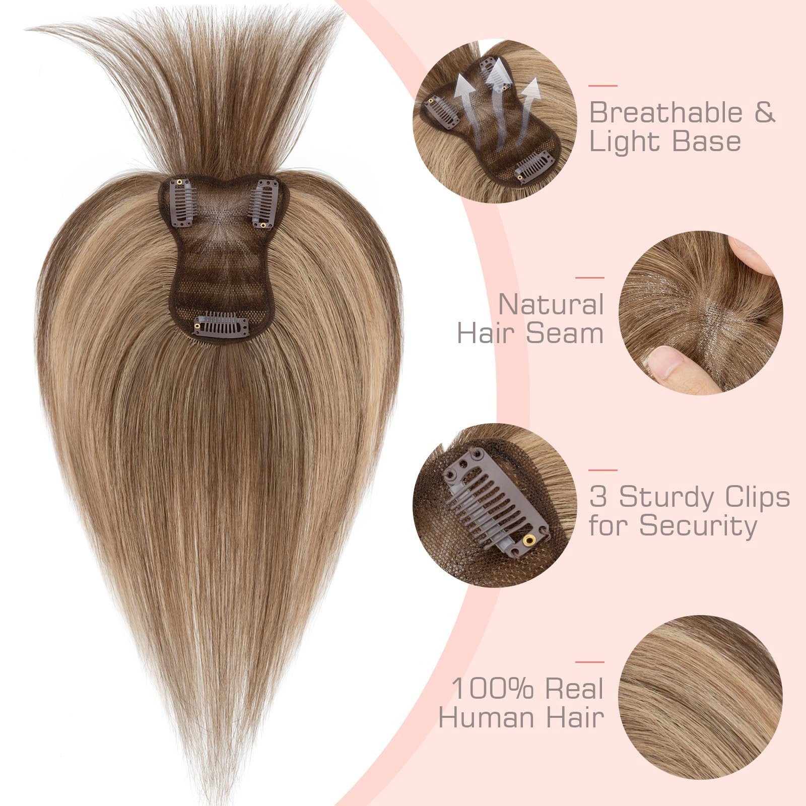 Hairro Human Hair Toppers Bangs 360 3D Coverage Clip In 3.15X4.33 Breathable