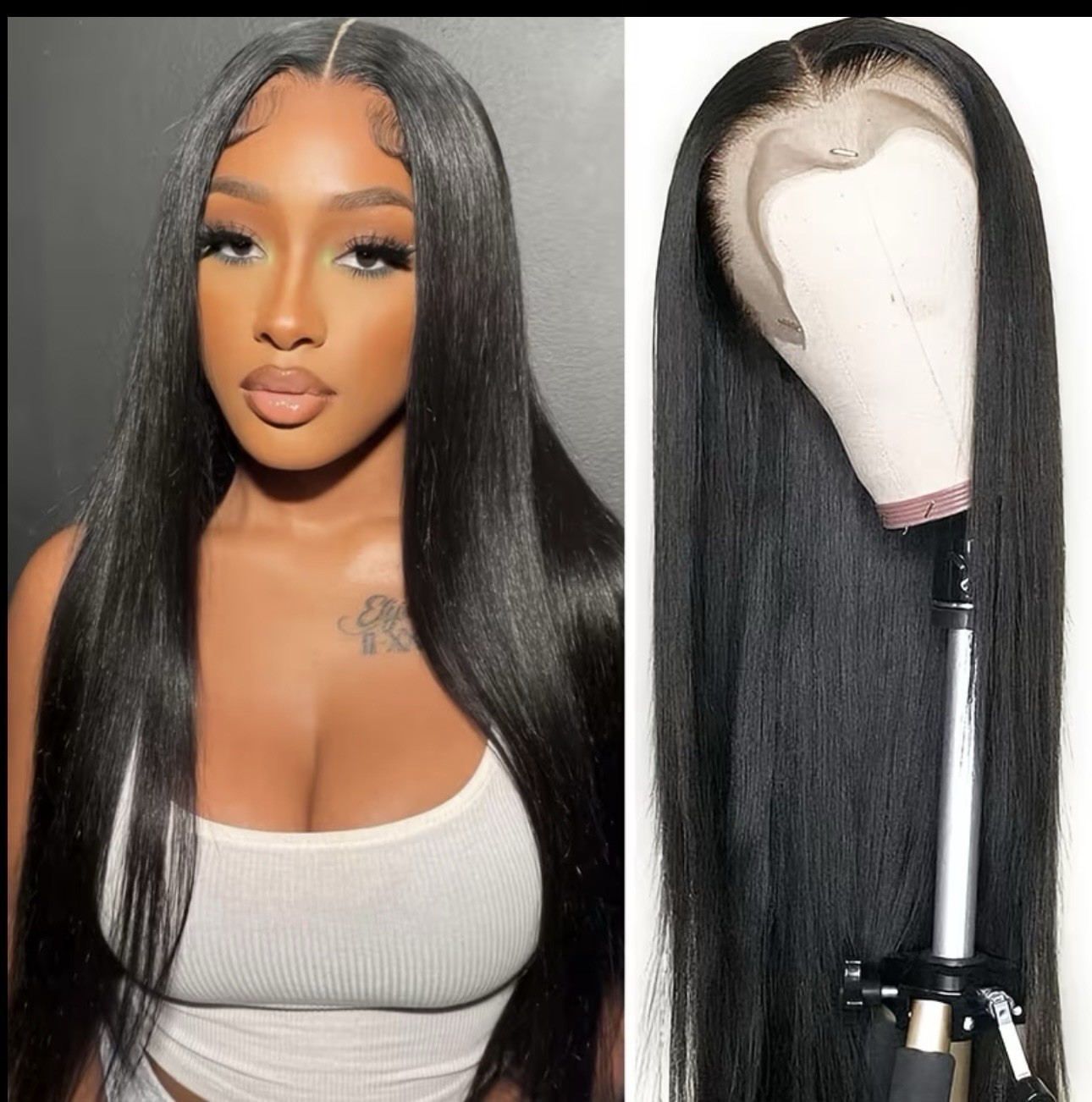 18 Inch Straight Black Human Hair Lace Front Wig, 3 Combs, Adjustable Straps