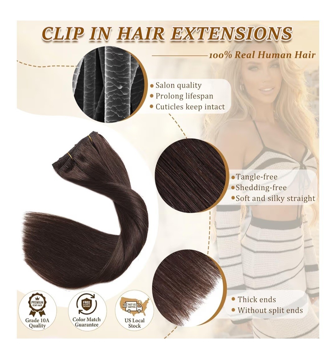 Clip-In Human Hair Extensions, Dark Brown, Straight, 8in, Tangle-Free, 7pcs