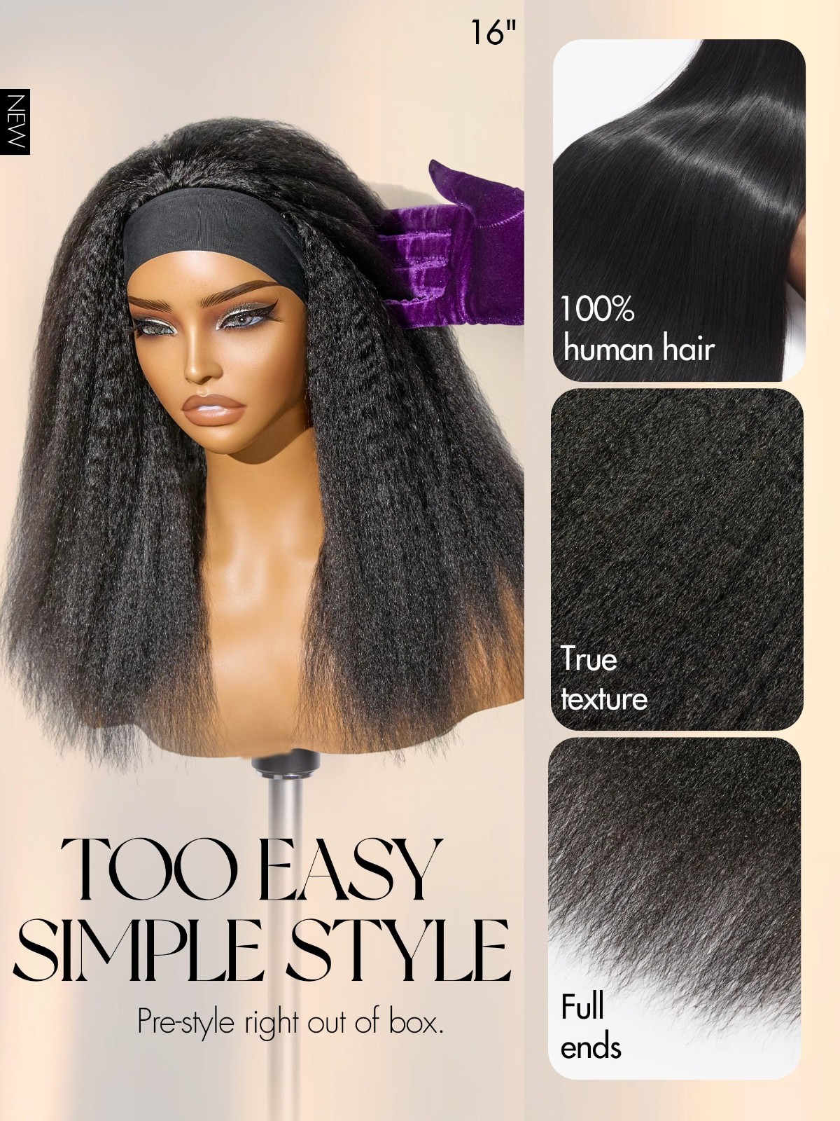 Kinky Straight Headband Wig for Black Women – 24″ Human Hair Half Wig, Glueless,