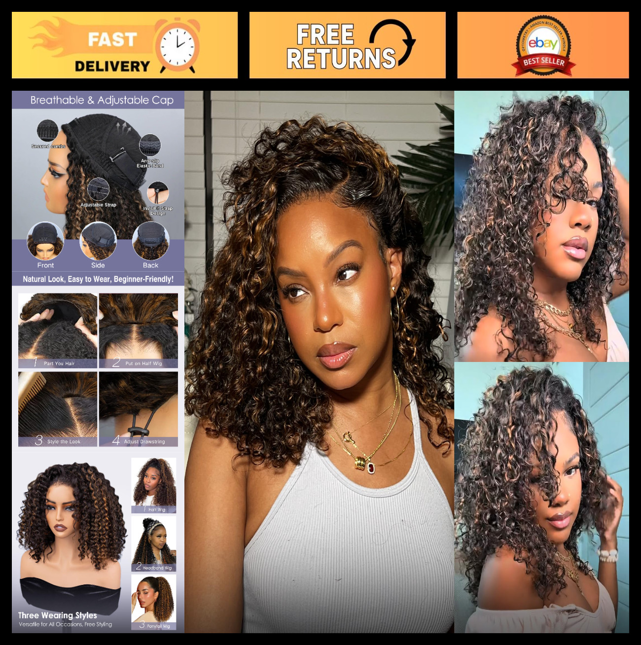 180 Density 16″ Human Hair Half Wig – Glueless, Drawstring, Clip-In, Water Wave,