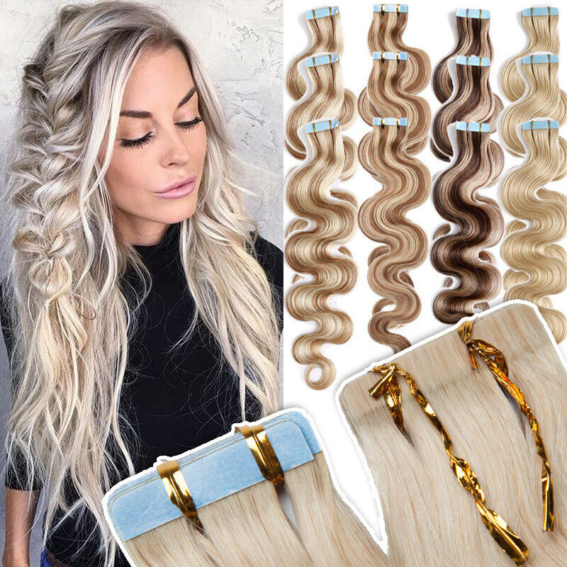 Curly Russian Remy Tape In Human Hair Extensions Skin Weft Body Wave Straight