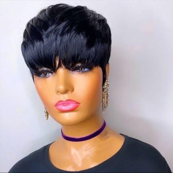 Human Hair Pixie Wig Short Layered G-Free for Black Women 100% Virgin