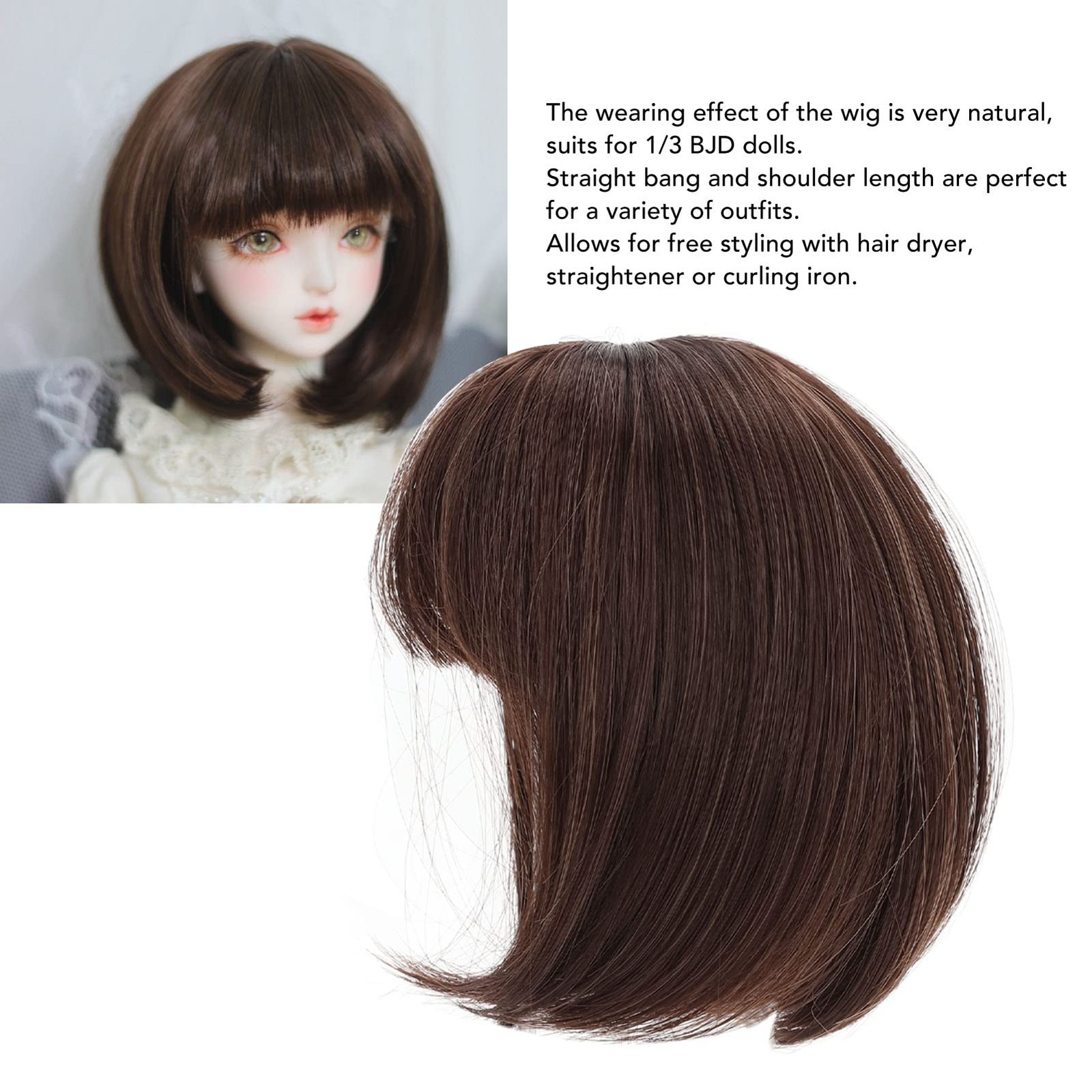 Fdit Doll Wig, Internal 1/3 doll size (21 ~ 24cm / 8.27 ~ 9.45in), Dark Brown