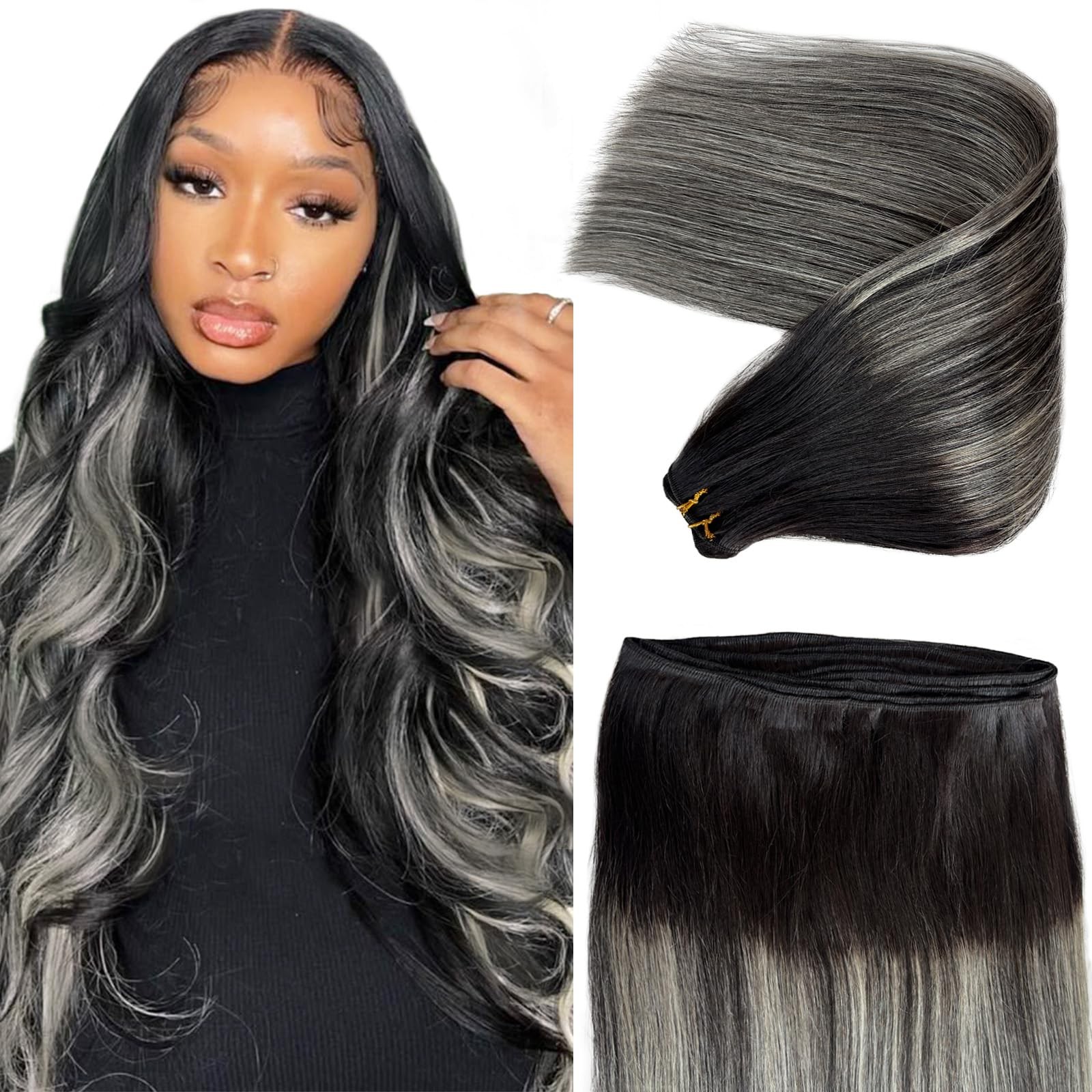 Weft Hair Extensions Balayage Black and Silver Sew in Hair Extensions Real Human