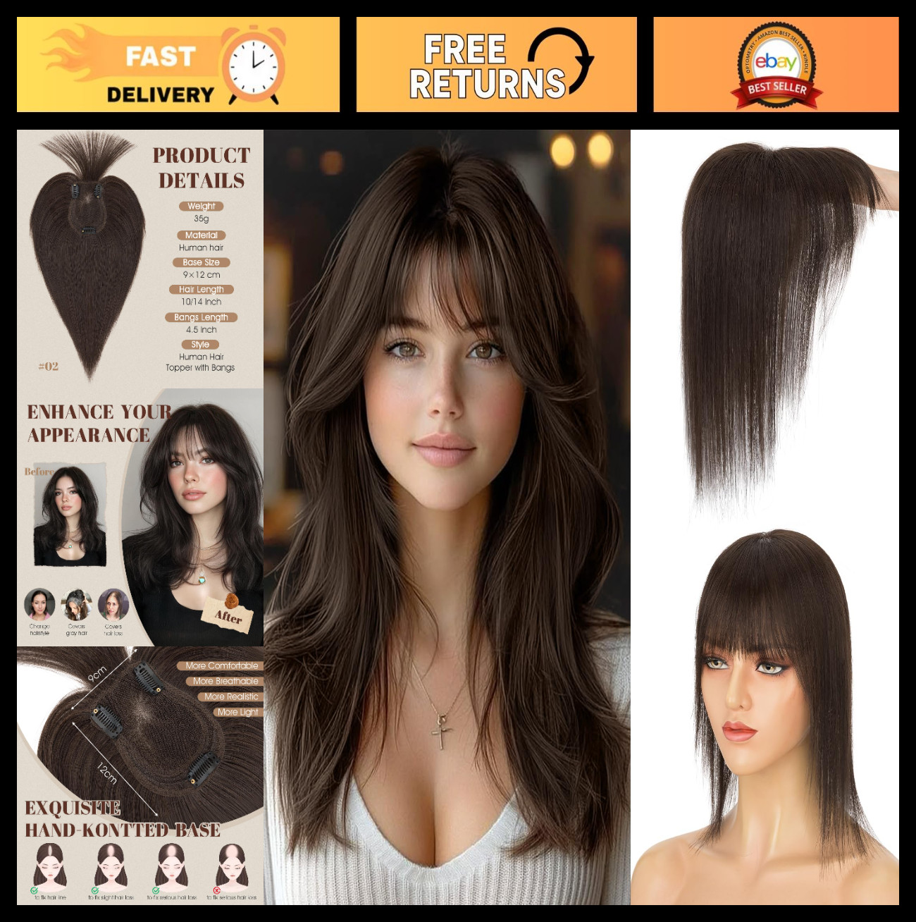 360° 3D Human Hair Topper – Ultra Thin Clip-In Bangs for Thinning Gray Hair, 12″