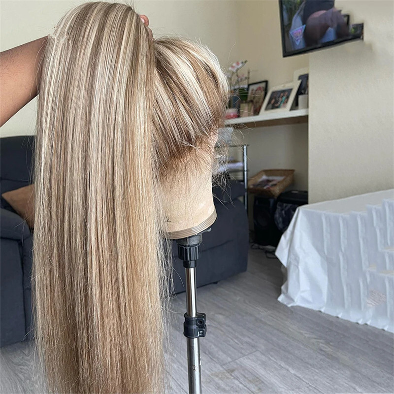 Full Lace Wigs Human Hair Wigs Ash Brown with Blonde Highlights 18″ Small Size
