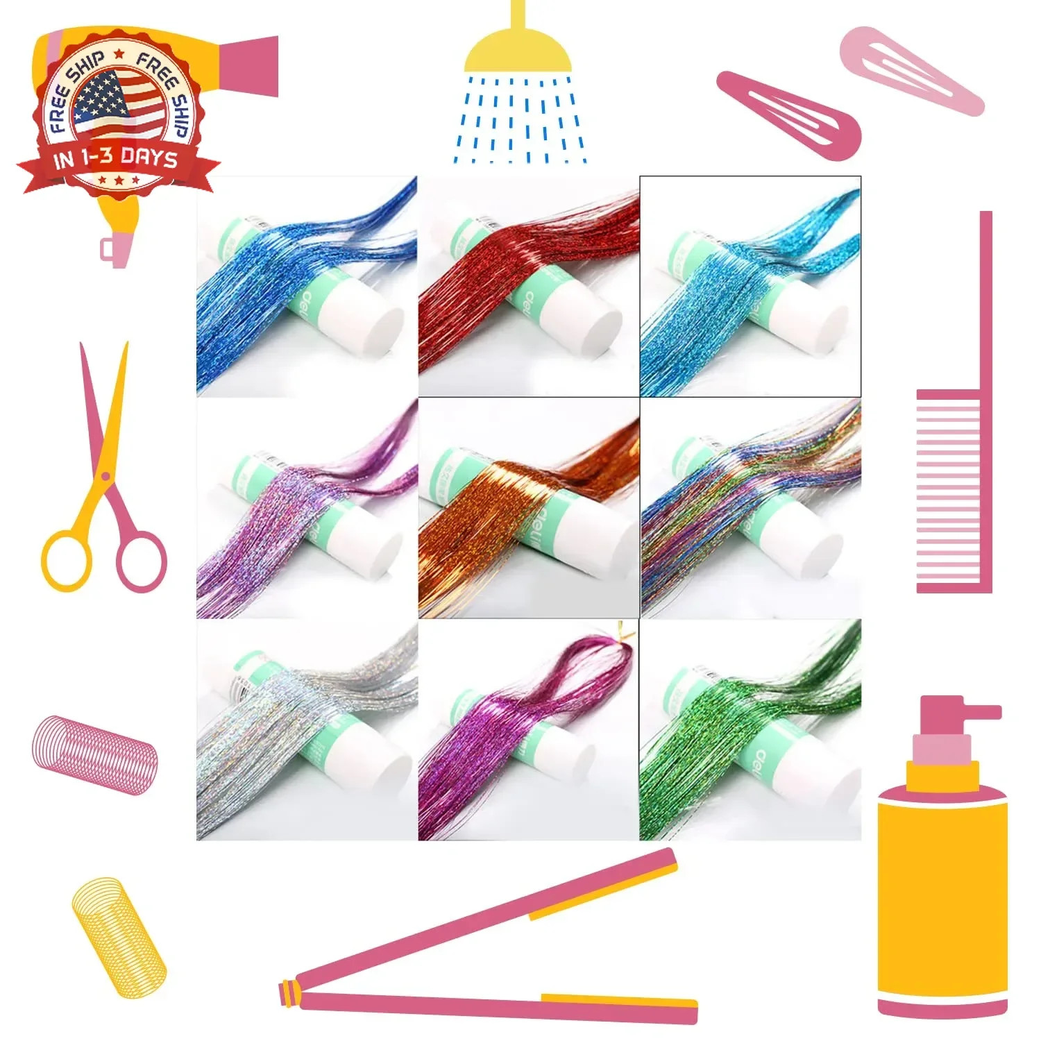 Hair Tinsel Kit 12 Colors, 2500 Strands 48 Inches Sparkling Tinsel Hair Extensio