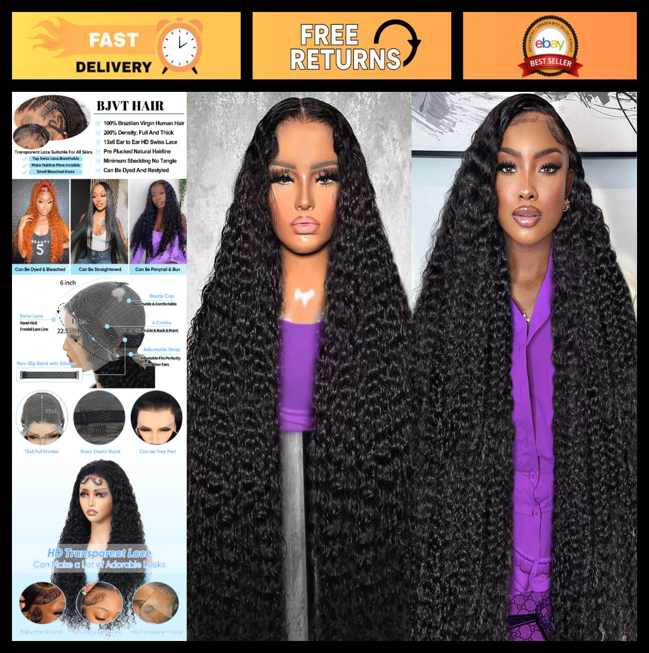 13×6 Deep Wave Lace Front Wig 200 Density HD Transparent Curly 30 Inch Pre Pluck