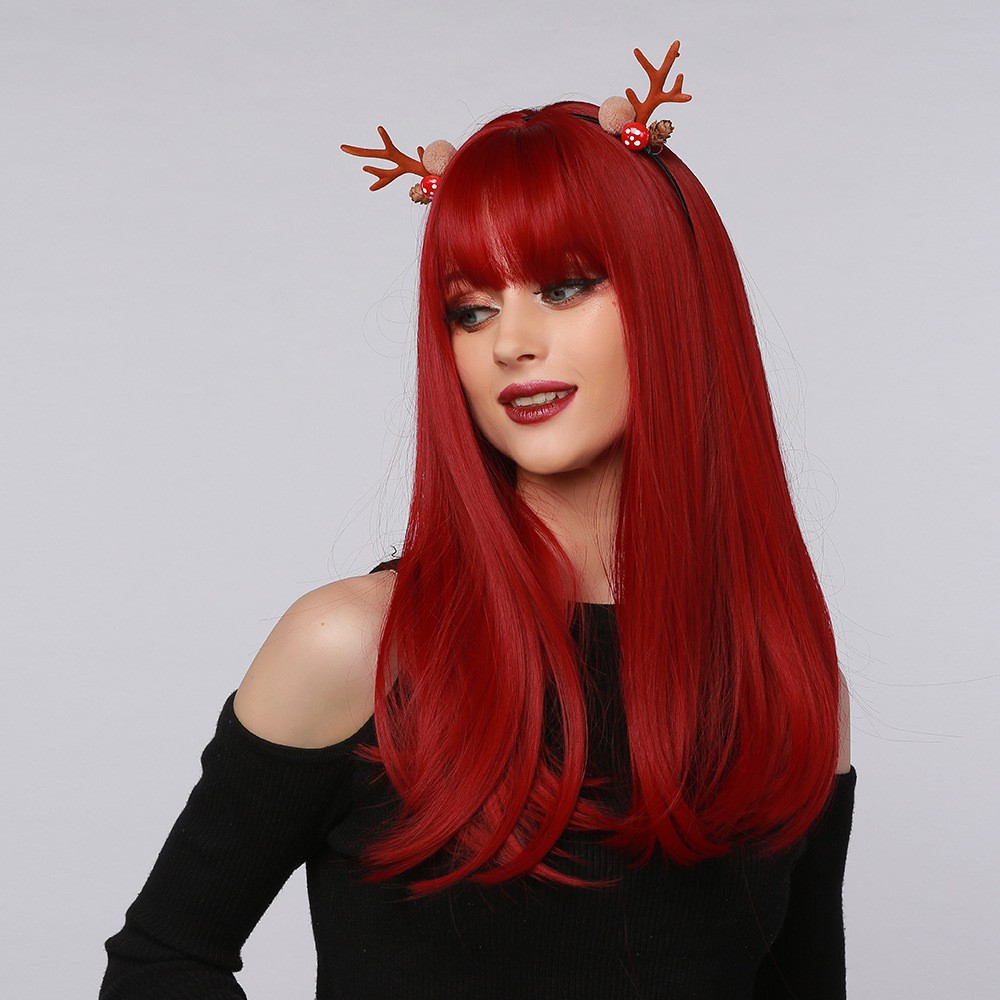 Berry Red Medium Straight Wig with Bangs Skin Brightening Full Head Synthetic