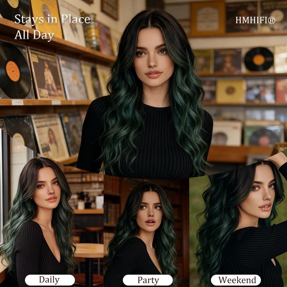 Long Green Wig for Women 26Inch Wavy Curly Ombre Green Hair Wigs Synthetic Ha…