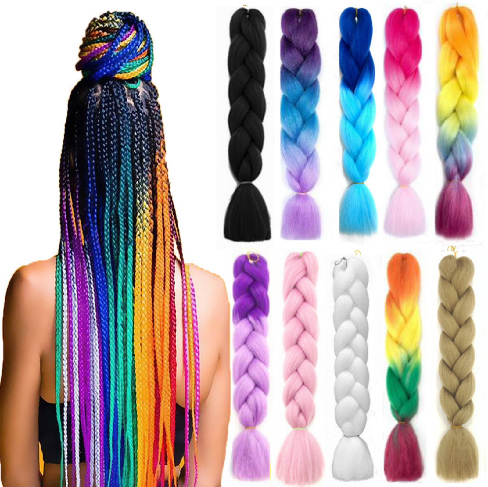 Mermaid Rainbow Kanekalon Dreadlock Braided Hair Wig Piece Extension Jumbo Braid