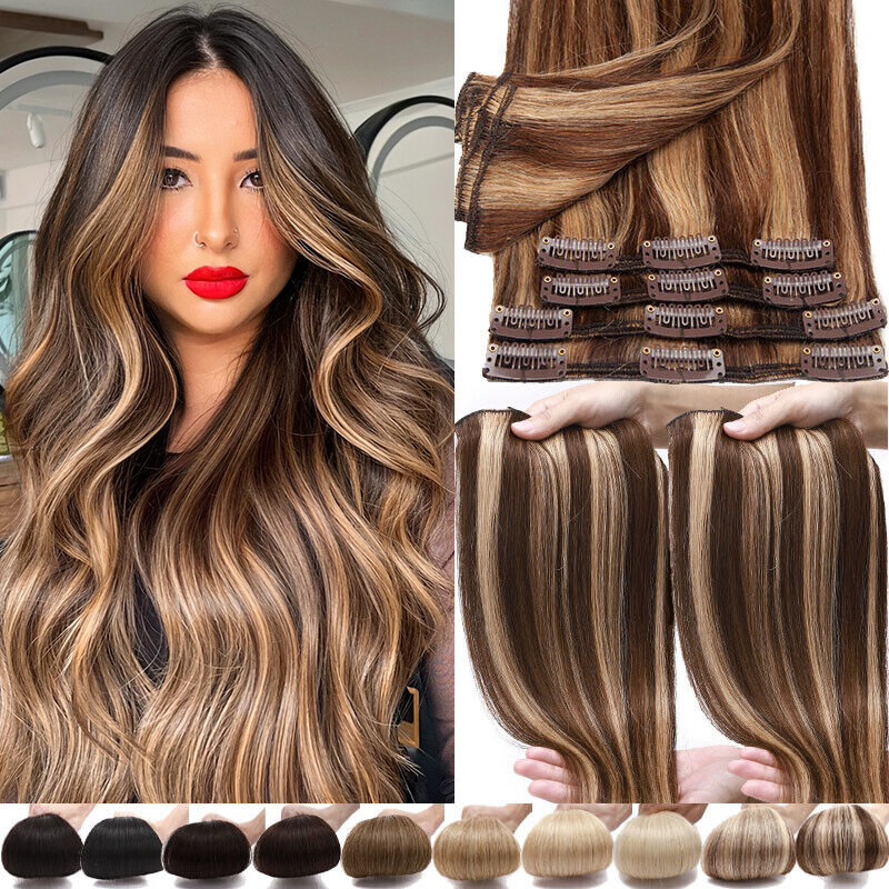 CLEARANCE Clip In Human Hair Extensions Real 100% Remy Hair Full Head Lowlights