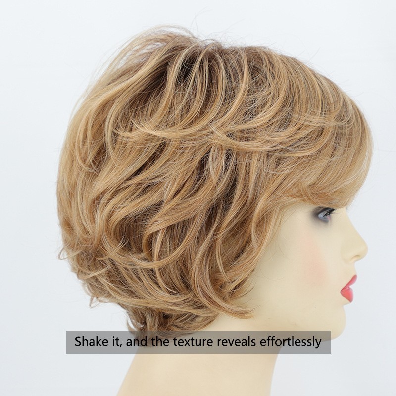 Wavy Short Fluffy Rooted Blonde Mix Synthetic Hair Wigs Women Soft Natural Daily