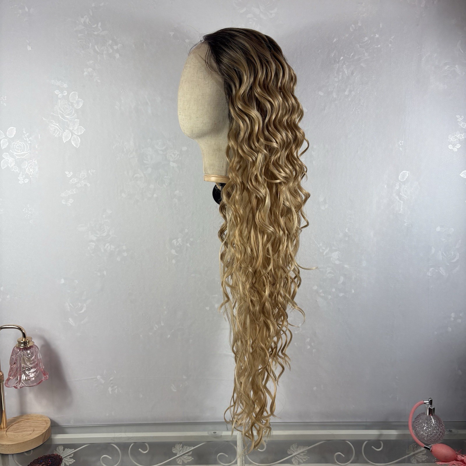 Daily wear 360 lace updo WIG! 36” long curly ombre honey Blonde Human Hair Blend