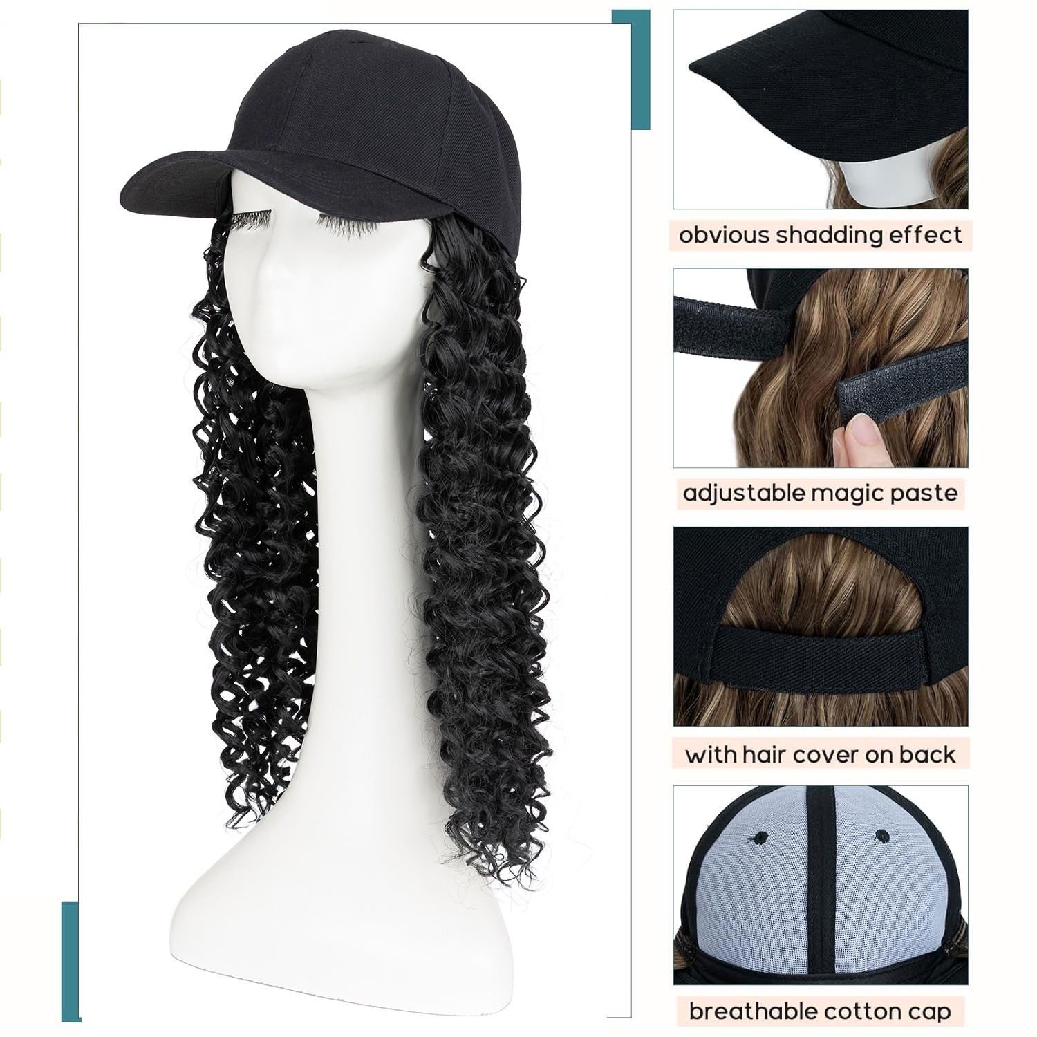Xmas Wig With Black Hat Baseball Wigs Cap Long Wavy Curly Hair Wig Cap For Women