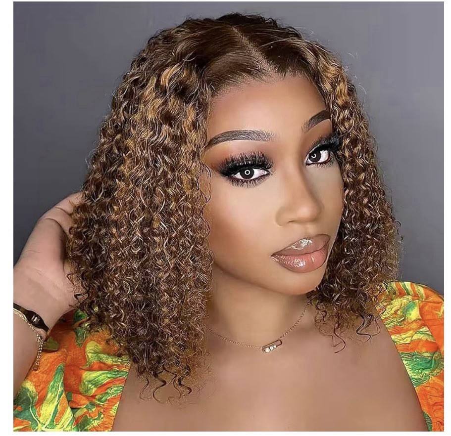 Curly Bob Wig Human Hair Lace Front Brown with Blond Highlights 14in Pre-Plucked