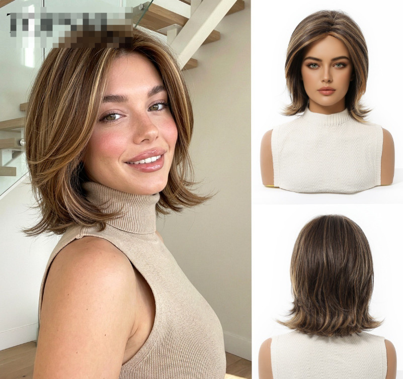 Short Wavy Bouncy Brown Mix Synthetic Hair Wigs Women Soft Natural Daily