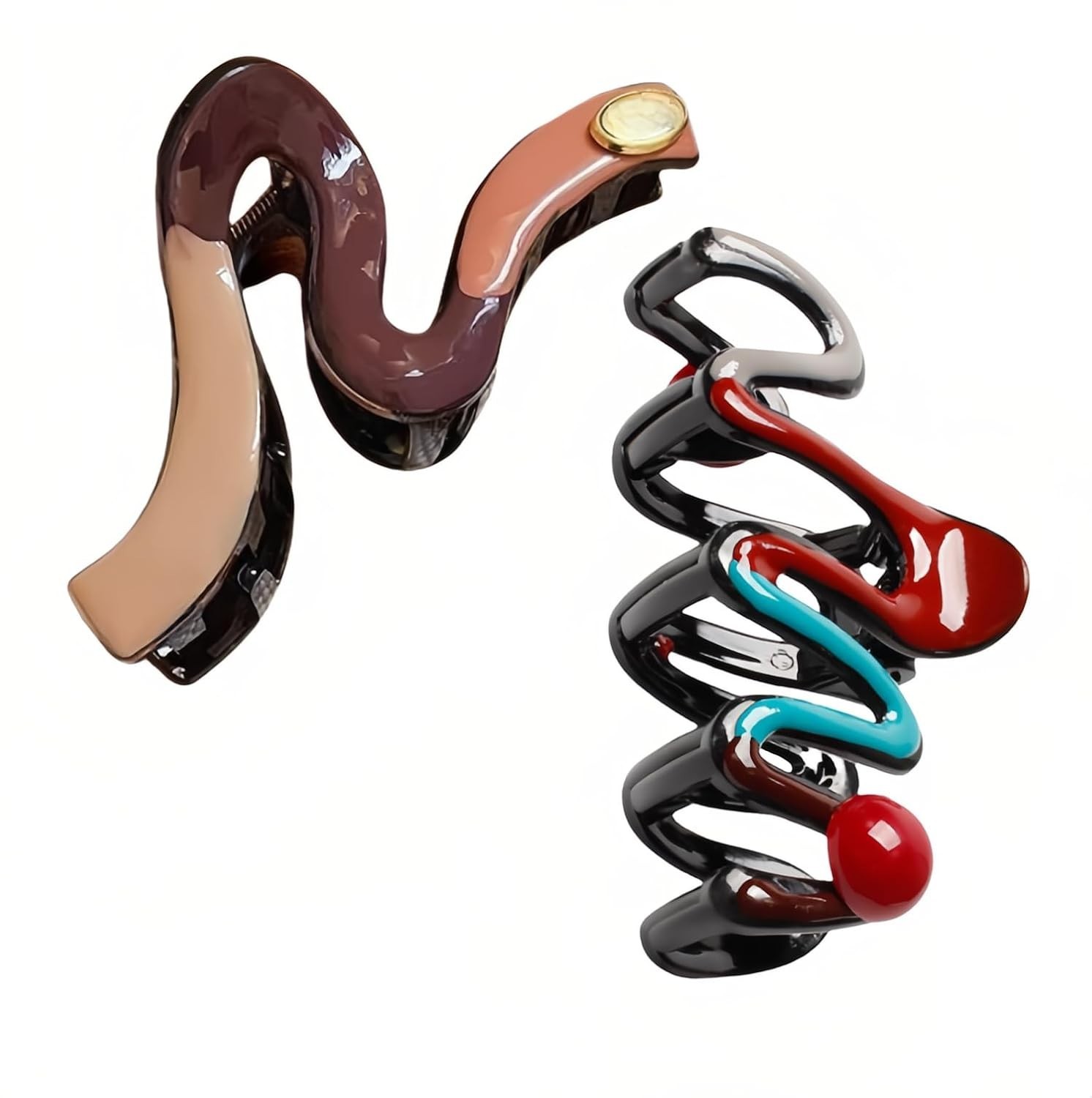 2-in-1 Large Hair Claw Clip for Thick Hair: Red/Blue Wave 10.5cm & S-Shape 12…