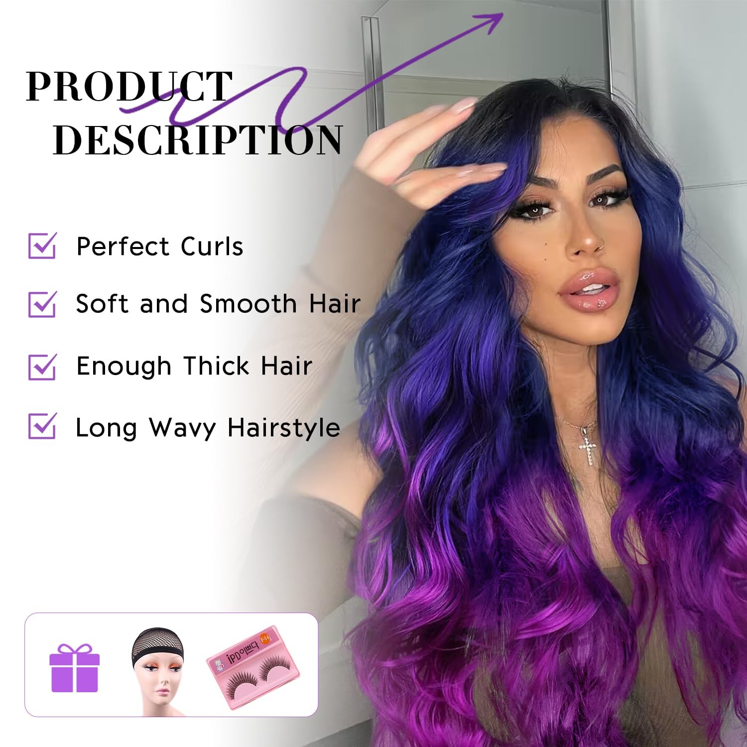 Long Wavy Wig – Black to Blue to Purple Ombre Color, Curly, Rainbow, Middle P…