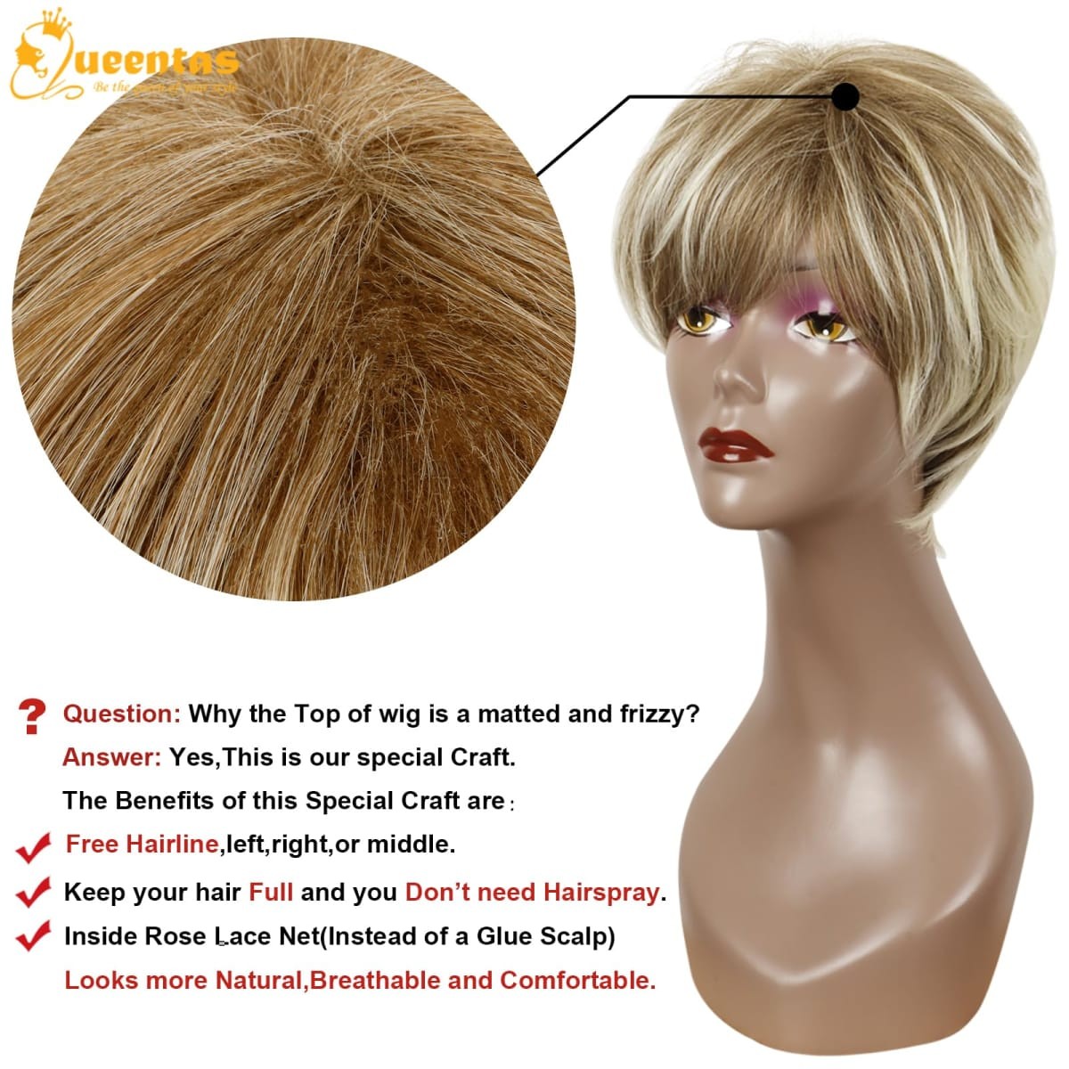 QUEENTAS Pixie Layered Short Blonde Wigs for White Black Women Synthetic Hair