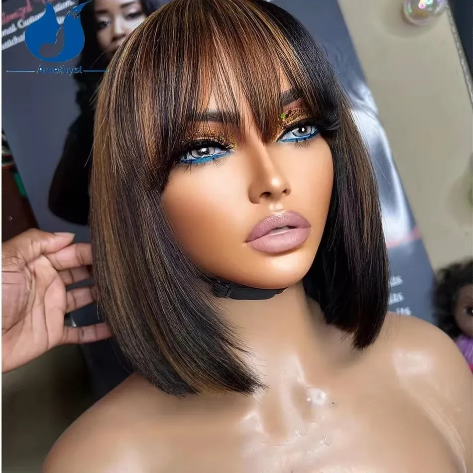 Brown Highlight Full Machine Made Human Hair Bob Wig with Bangs Scalp Top Blunt