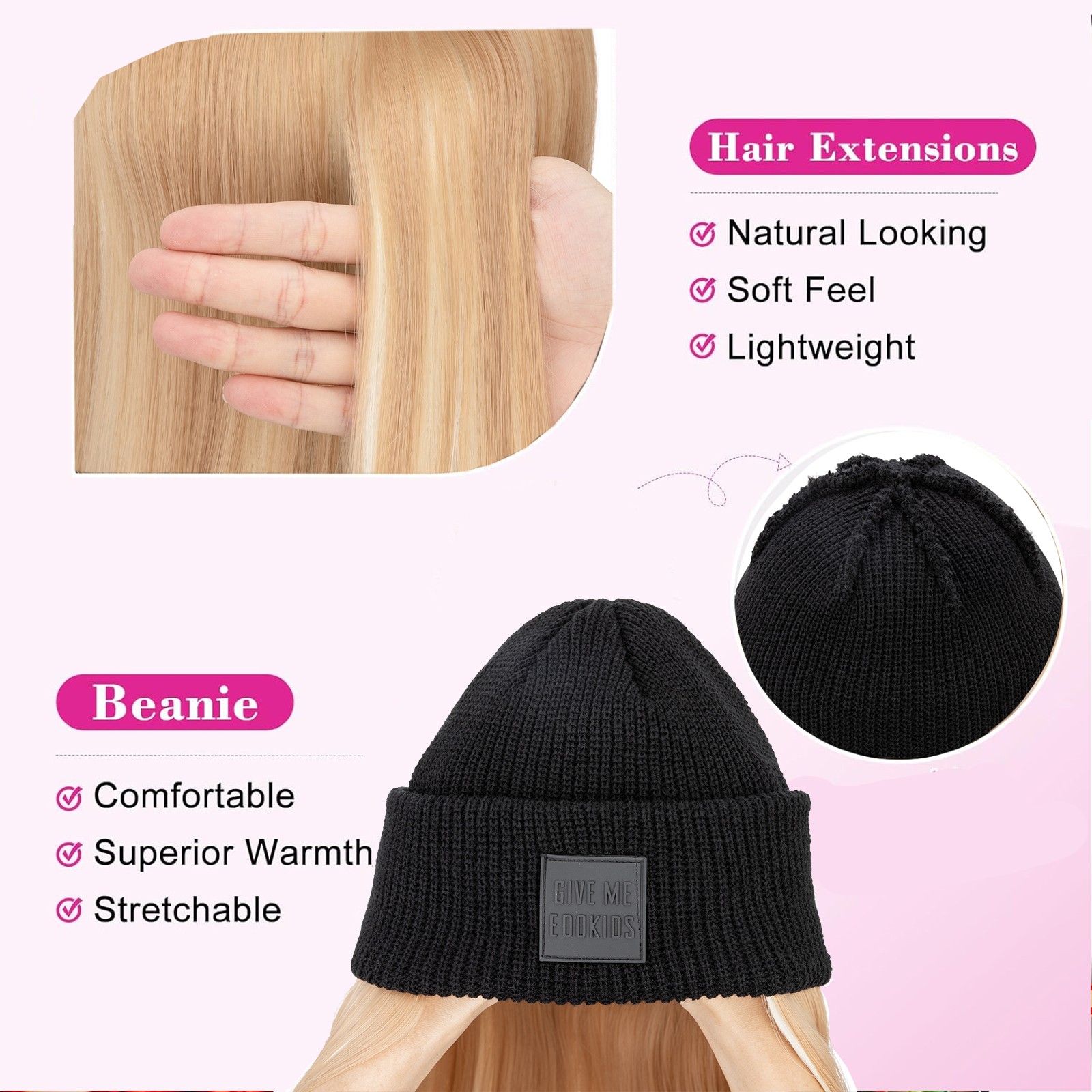 Winter Warm Knit Beanie Hat with Long Wavy Straight Synthetic Hair Wig for Woman