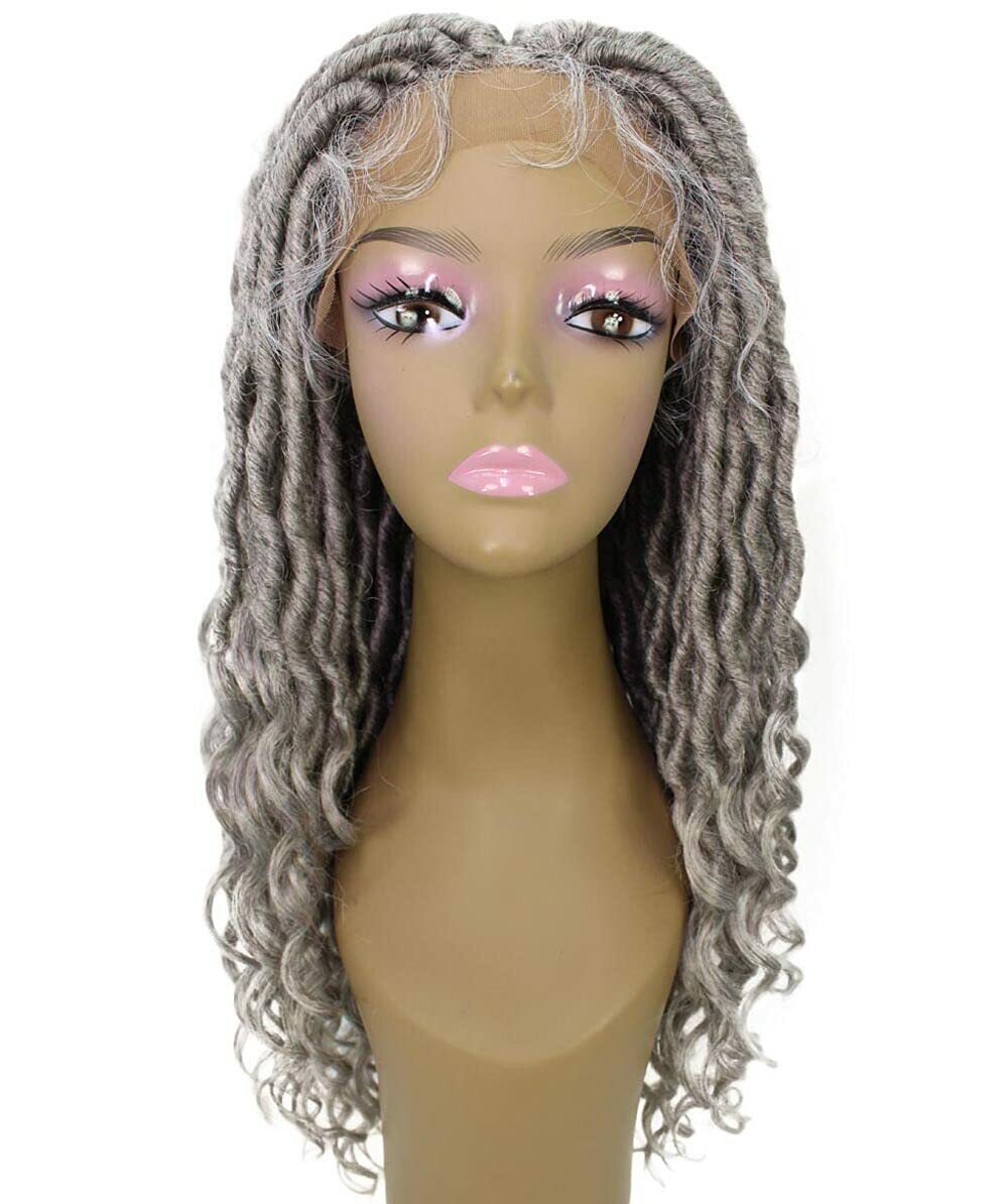LUXLUXE Andrea 4×4 Curly Long 4X4 Hand Tied Lace Braid Grey Wig