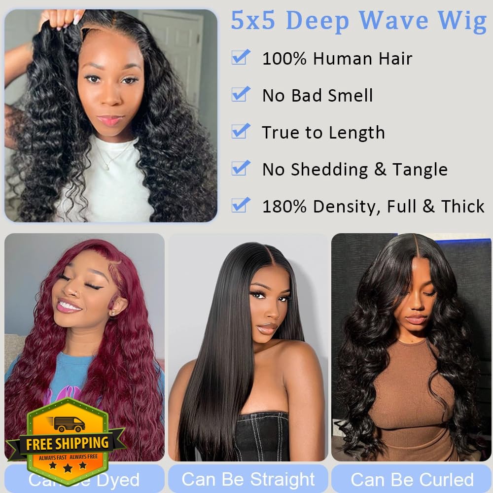 Pinketer 22 Inch Natural Color Deep Wave Lace Closure Wig