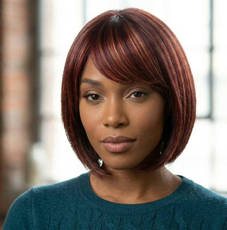RENERSHOW Short Burgundy Highlight Bob Wig bangs red pixie women synthetic daily