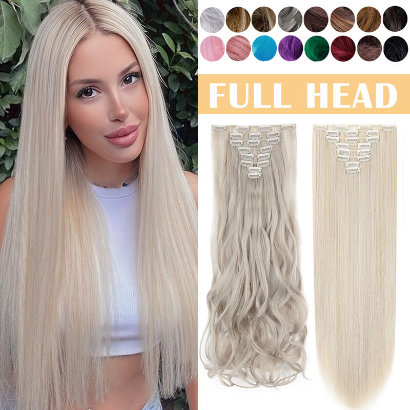 Women 8PCS Thick Wavy Curly Straight Full Head Clip-in Synthetic Hair Extensions