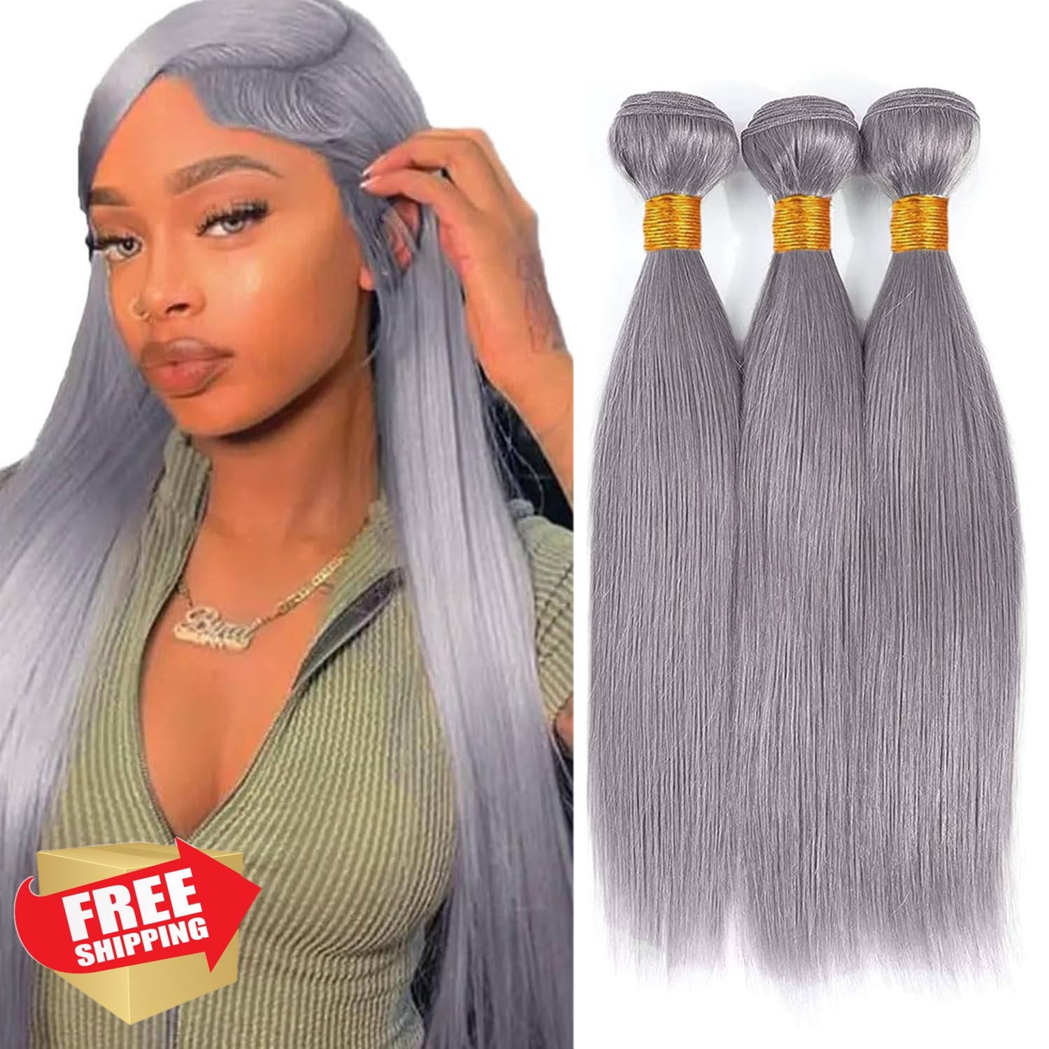 MavKuvx 3 Bundles 26 28 30 Inch Gray Straight Virgin Hair