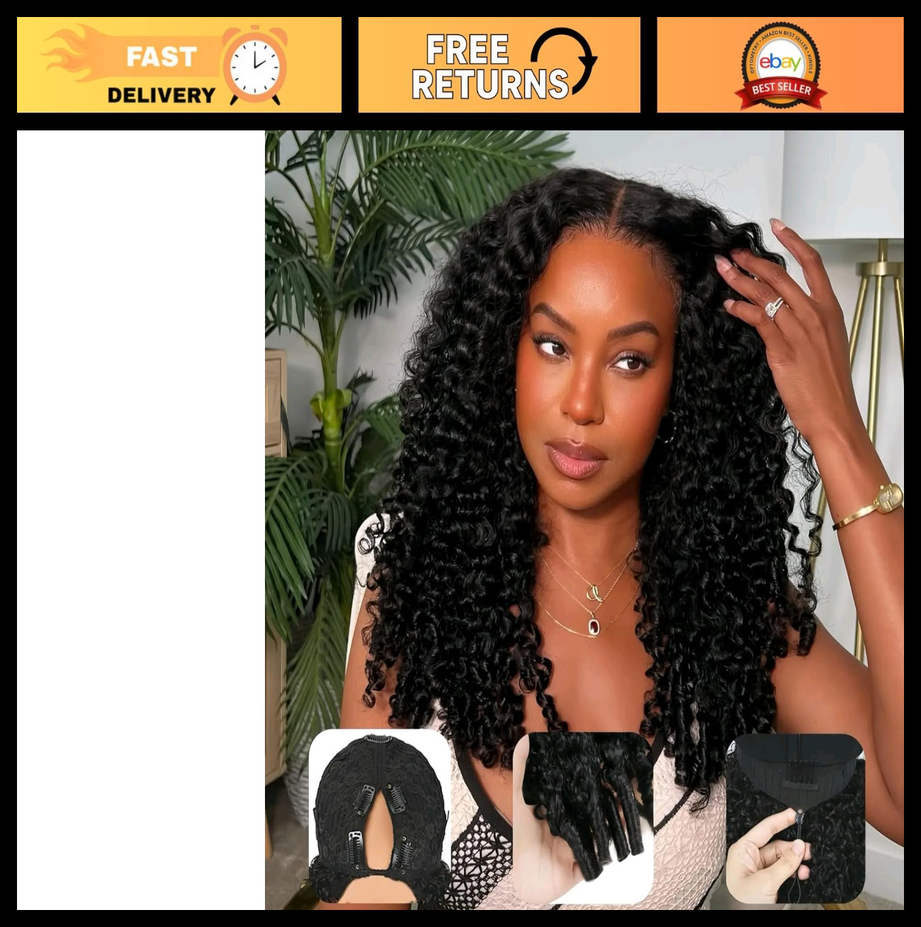 30″ Curly V Part Wig Human Hair, 200% Density, Glueless Clip-In Half Wig, Natura