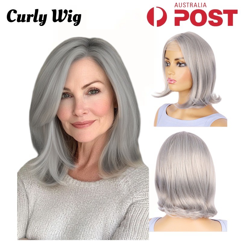 Womens Grey Curly Wig Gray Layered Short Beanie Hairpiece Universal Cosplay Wigs