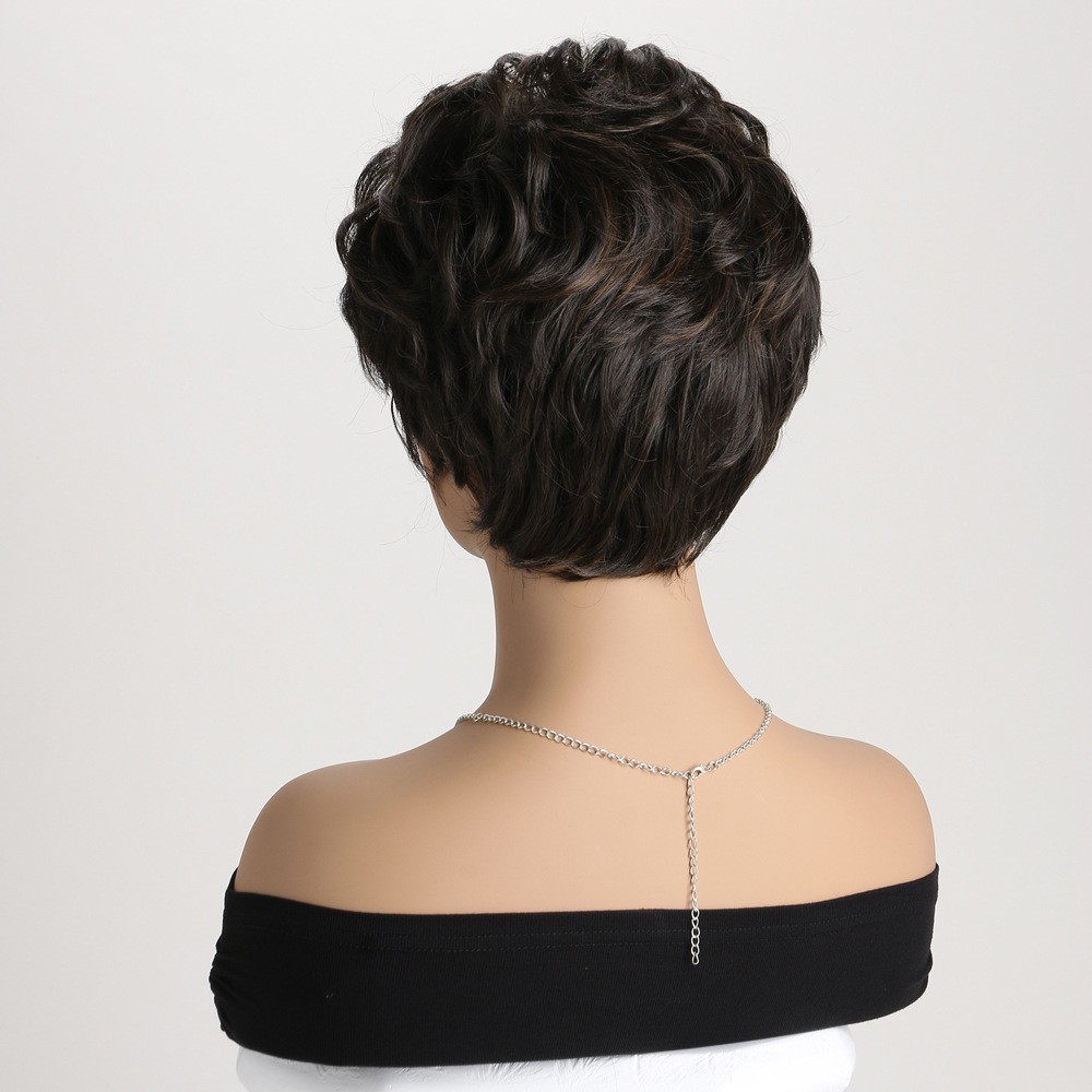 Natural Highlight Wavy Wig Short Layered Brown Black Hair Women’s Side Bang Bob
