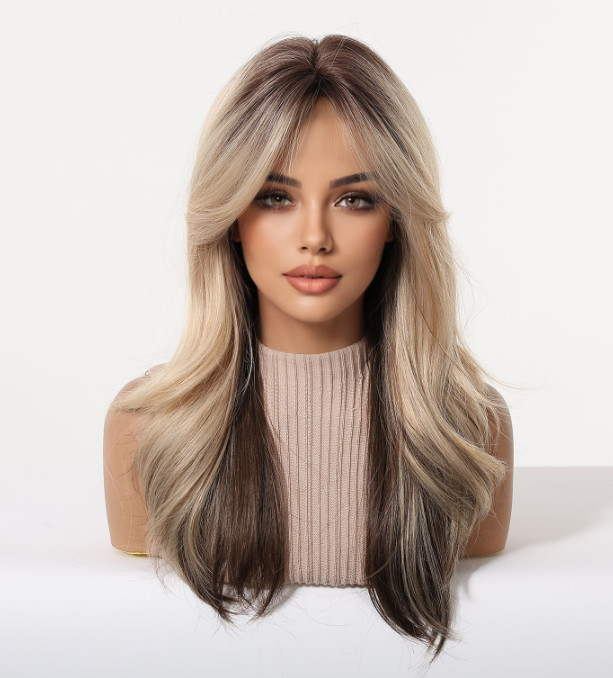 Rooted Blonde Mix Brown Highlight Synthetic Hair Heat Ok Wigs Women Soft Natural