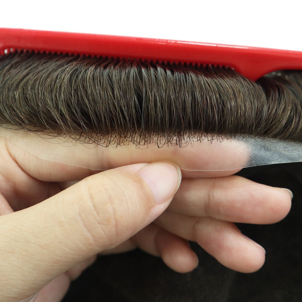 French Lace Center Mens Toupee Human Hair Replacement System Poly Skin Hairpiece