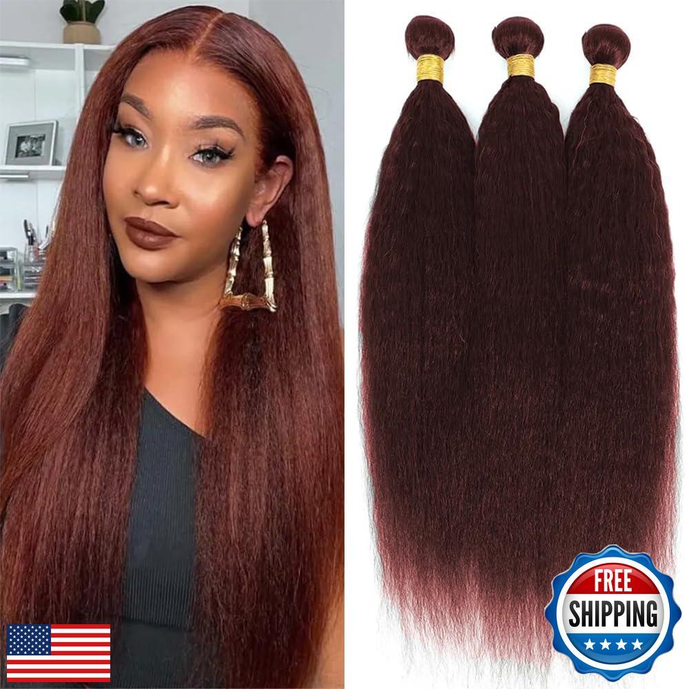 Color #33 Human Hair Yaki Straight Bundles Reddish Brown Kinky Straight Human