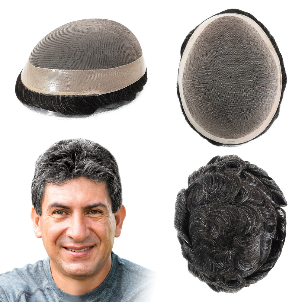 Mens Toupee Human Hair Replacement Systems Fine Mono Grey Hair Pieces 8×10