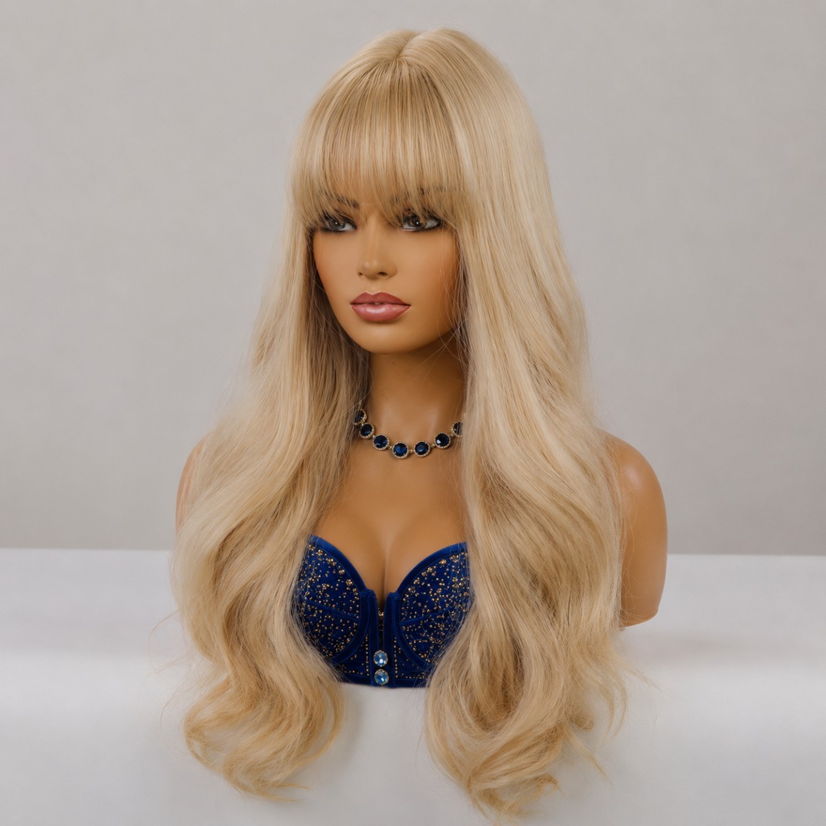 Heat Resistant Hair Cosplay Wig With Bangs Long Wavy Blended Blonde Halloween