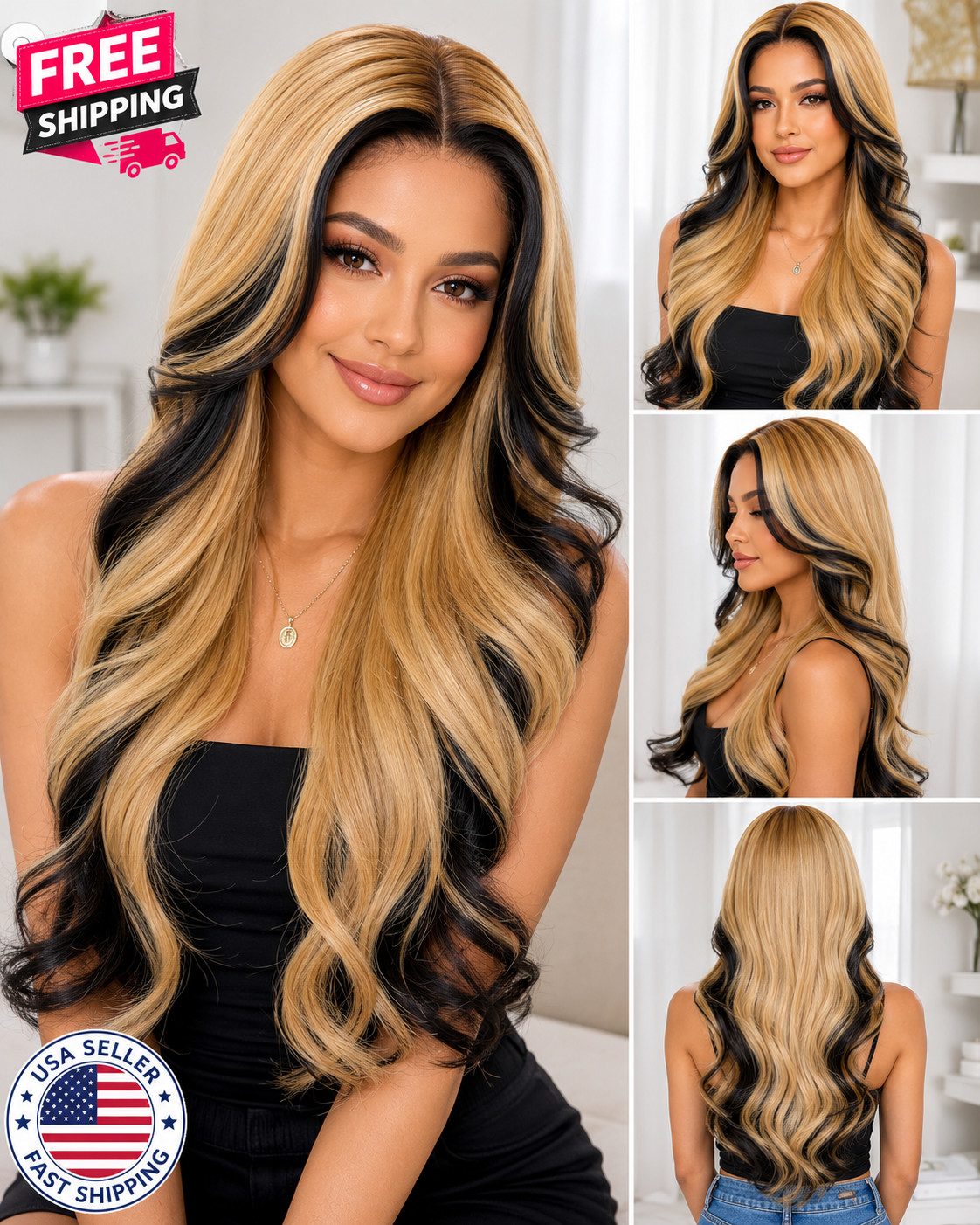 Black Blonde Lace Front Wig Synthetic Long Wavy Pre-Plucked Hairline Women